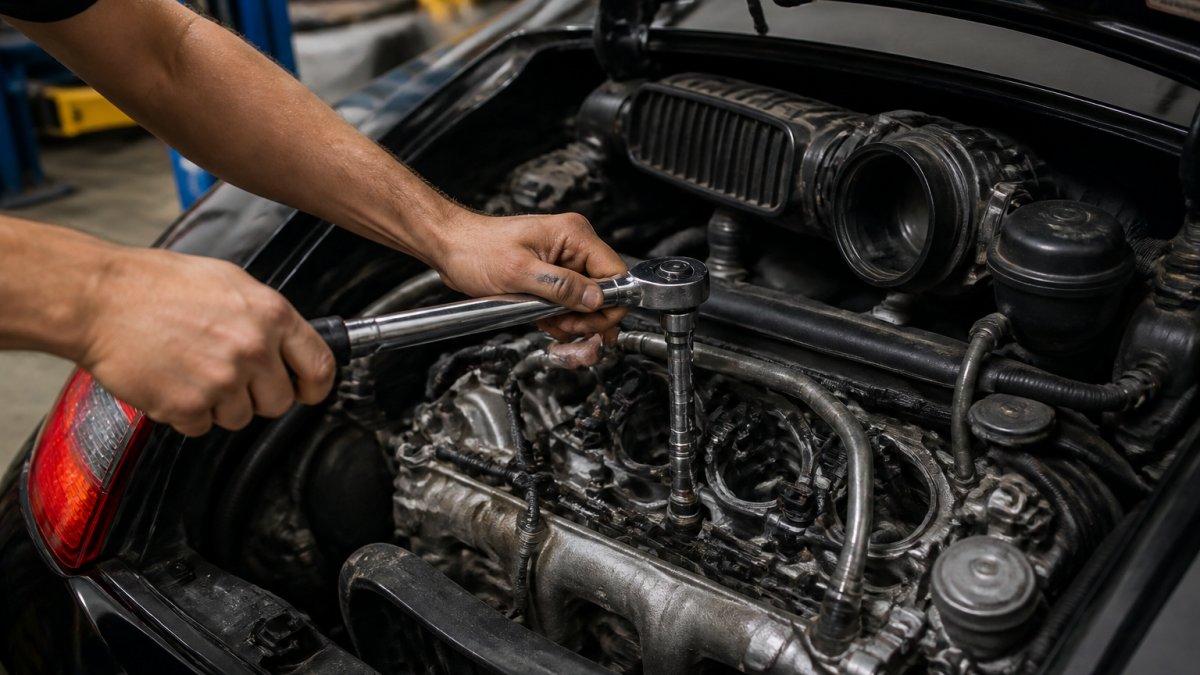 Close-up of a mechanic's hands using a torque wrench on a spark plug deep inside a Porsche 911 flat-six engine bay, rear engine cover removed, workshop lighting overhead
