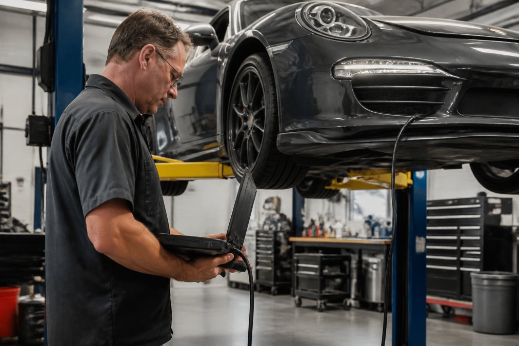 Technician using PIWIS III for Porsche diagnostic services on a 911