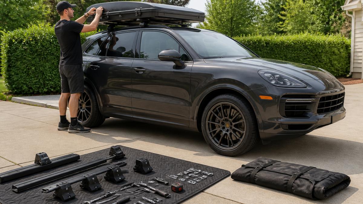 A person mounting a hard-shell roof tent onto a Porsche SUV's roof rack in a driveway, with tools and mounting hardware laid out nearby and the car parked outdoors on a clear day
