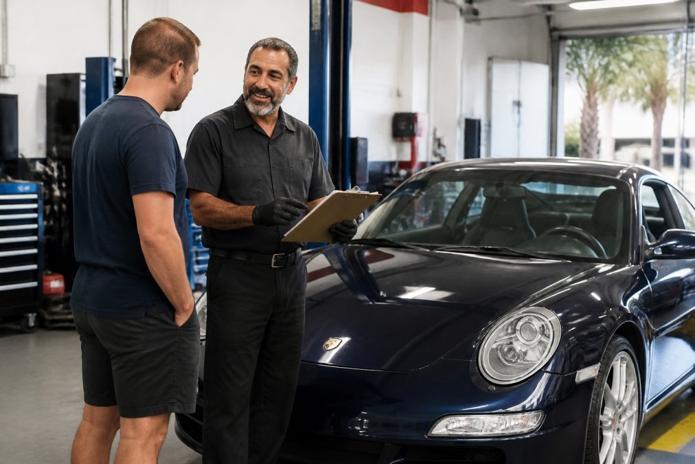ASE-certified mechanic explaining a porsche service diagnostic report to a customer at a Boynton Beach shop