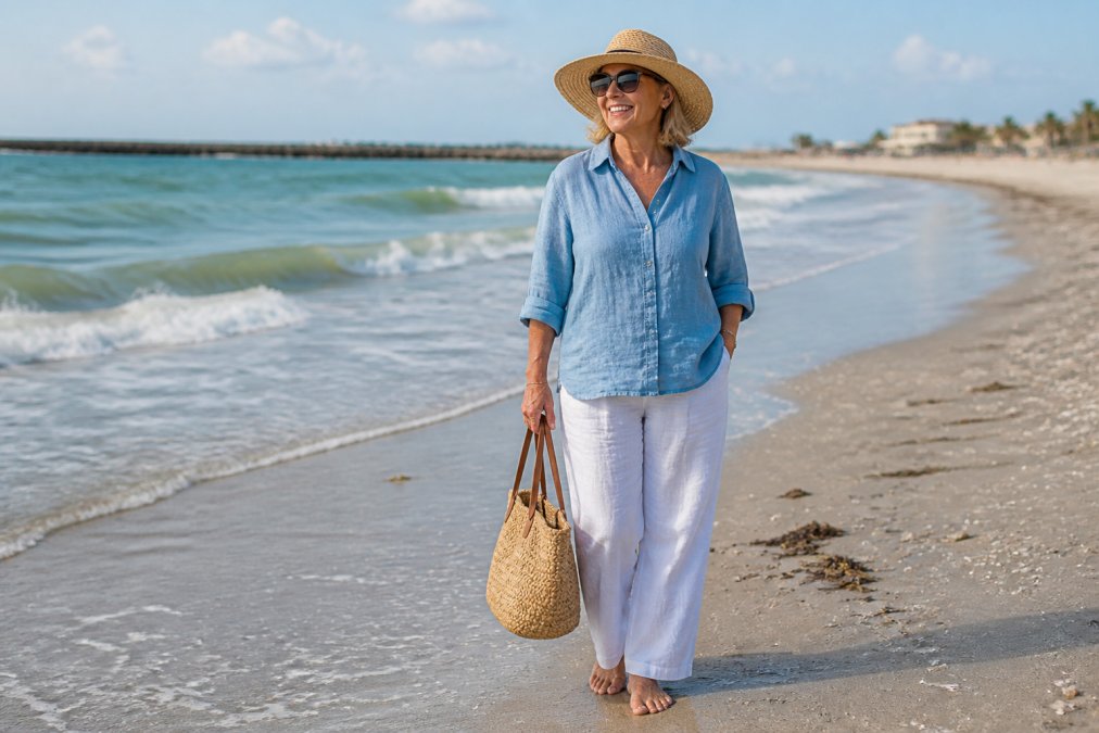 Mature woman in her 50s wearing linen pants and a casual linen top, standing on a sunny beach with a sun hat and tote bag, smiling confidently