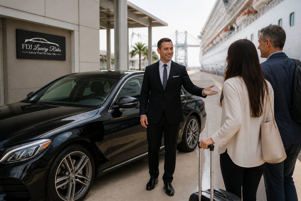 Professional driver in formal attire standing beside a well-maintained luxury sedan at a terminal entrance, greeting passengers with a welcoming demeanor