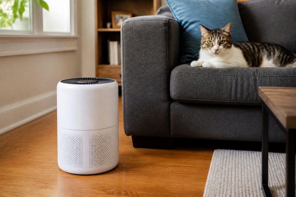 A compact white air purifier unit sitting on a hardwood floor in a sunlit living room, next to a cat lounging on a sofa in the background