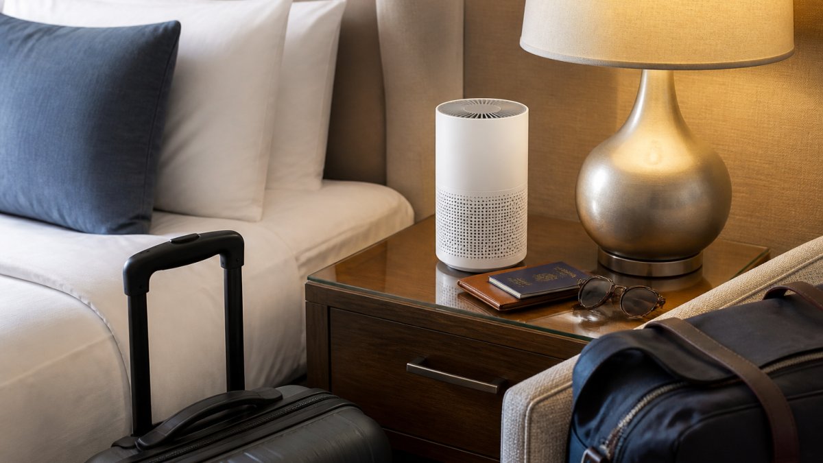 Compact portable air purifier sitting on a hotel nightstand next to a suitcase and travel essentials, showing realistic scale and placement in a travel setting