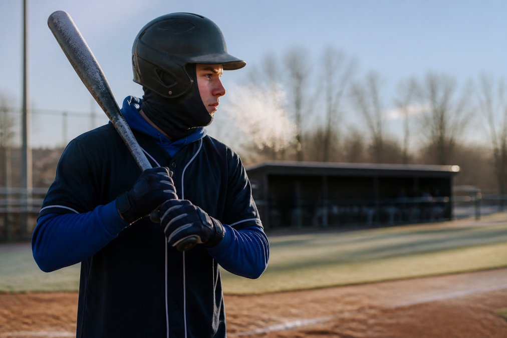 Young player in cold gear gripping a frost-covered bat while using a portable bat heater at the plate.