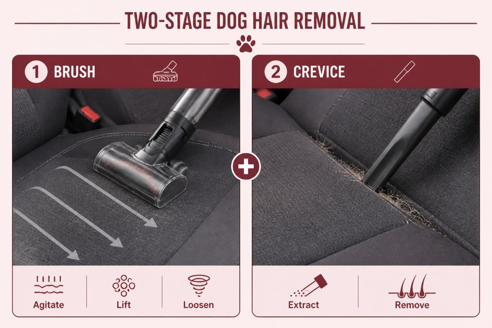 Side-by-side comparison showing a motorized brush attachment removing short embedded dog hair from cloth car upholstery in overlapping strokes, with a crevice tool extracting hair from seat seams, demonstrating two-stage removal technique