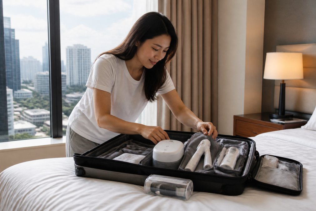 Traveler at hotel window packing a suitcase with portable cleaning appliances including the TurboClean™ Mini Washer, travel-sized steamer, and compact handheld vacuum neatly arranged in protective pouches