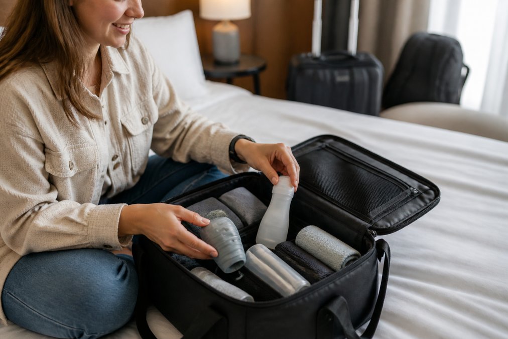 Close-up of hands organizing portable cleaning tools and protective pouches in a travel bag, with leak-proof containers and silicone sleeves visible, natural hotel room lighting