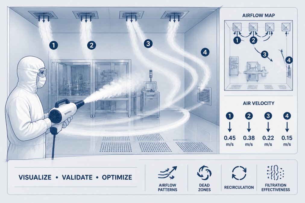Technician in full cleanroom protective gear using a handheld portable fogger to visualize airflow patterns, with visible fog trails showing air movement through a pharmaceutical manufacturing area under bright controlled lighting