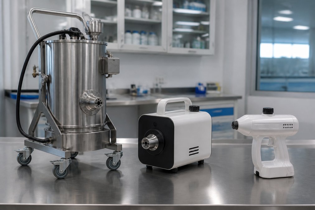 Laboratory bench displaying three different portable cleanroom fogger models side-by-side: a large stainless steel LN2 unit on a rolling cart, a compact ultrasonic device, and a small battery-powered handheld pistol-grip fogger, with clear size differentiation under clean laboratory lighting
