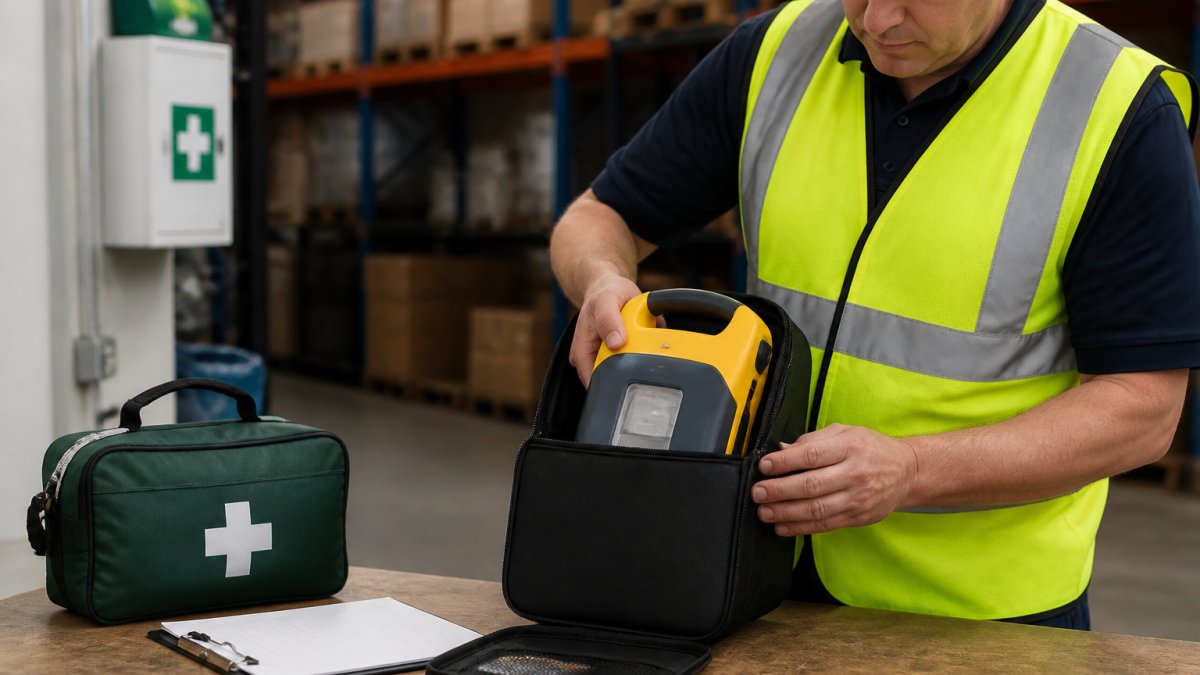 Workplace safety officer packing a portable defibrillator into a carry case in a warehouse setting