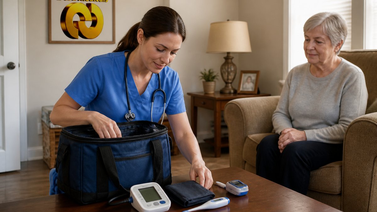 Home health nurse laying out portable diagnostic tools from a medical bag for a patient visit