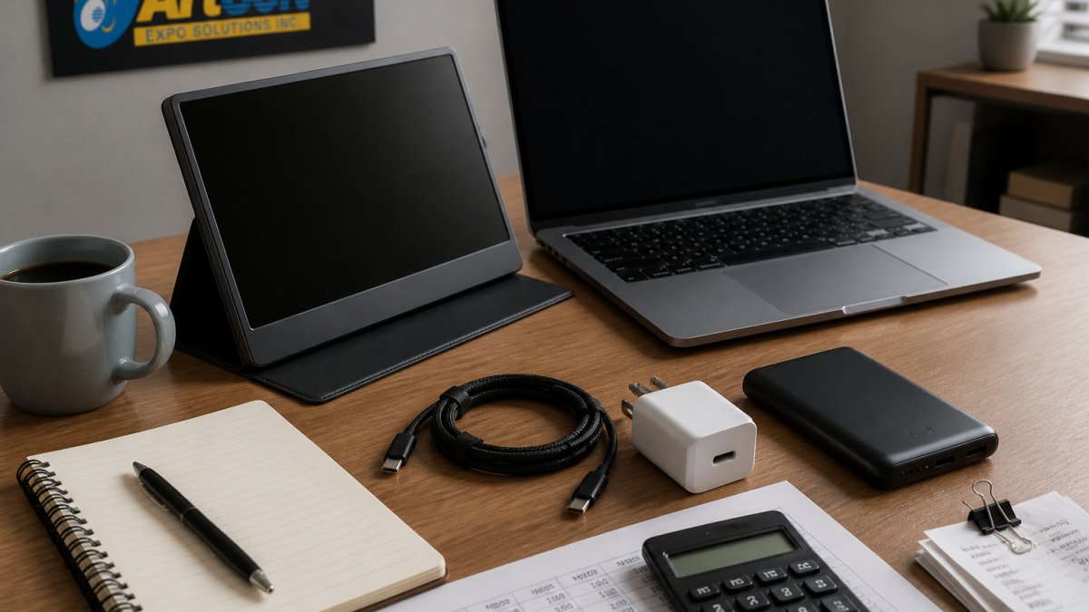 A home office desk with a small portable monitor propped on a fold-out stand, a laptop beside it, a coiled USB-C cable, a compact wall charger, and a slim power bank arranged next to a notebook and a mug of coffee