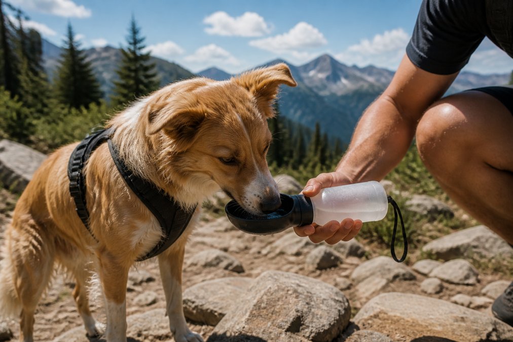 Dog drinking from a portable water bottle held by a hiker on a sunny mountain trail, with green forest and rocky terrain visible in the background