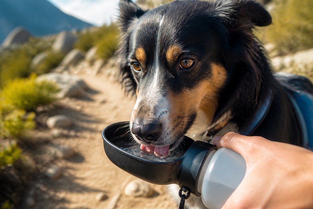 Close-up of a dog's face showing alert expression while drinking from a portable water bottle with an integrated bowl, with blurred hiking trail and sunlight in the background