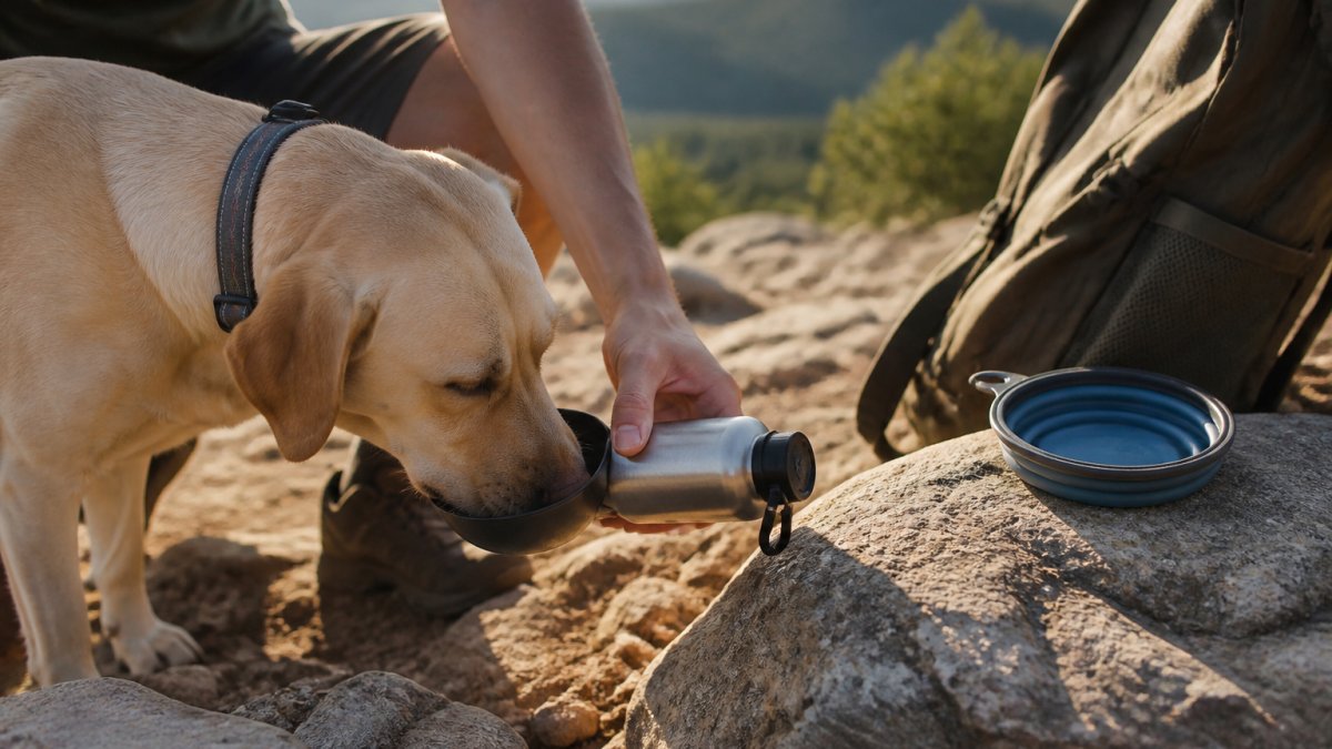 A dog drinks from a stainless steel travel bottle on a rocky trail with a collapsible bowl nearby.