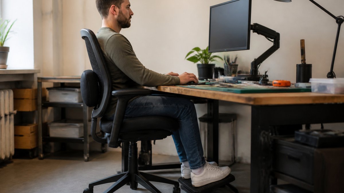 Professional sitting at desk with proper posture, memory foam seat cushion in place, monitor at eye level, feet flat on footrest, with adjustable lumbar support cushion behind lower back
