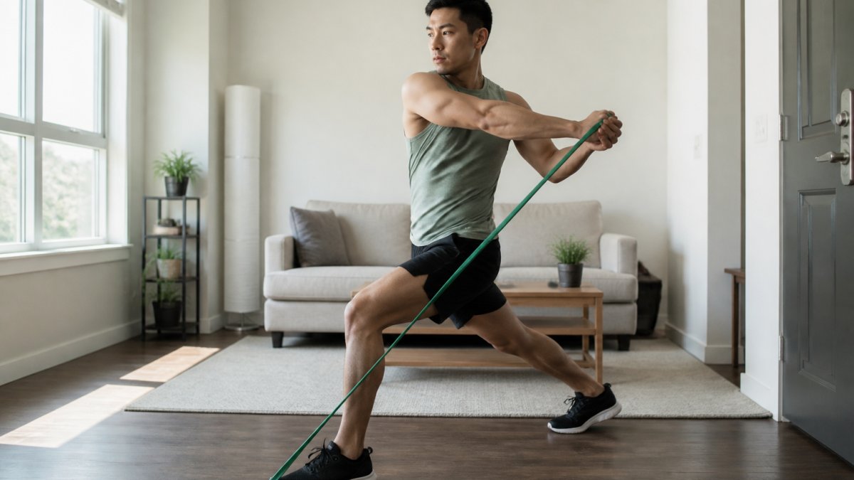 Person performing a full-body resistance band workout in a compact living room with minimal furniture, demonstrating dynamic movement in tight quarters with natural window lighting