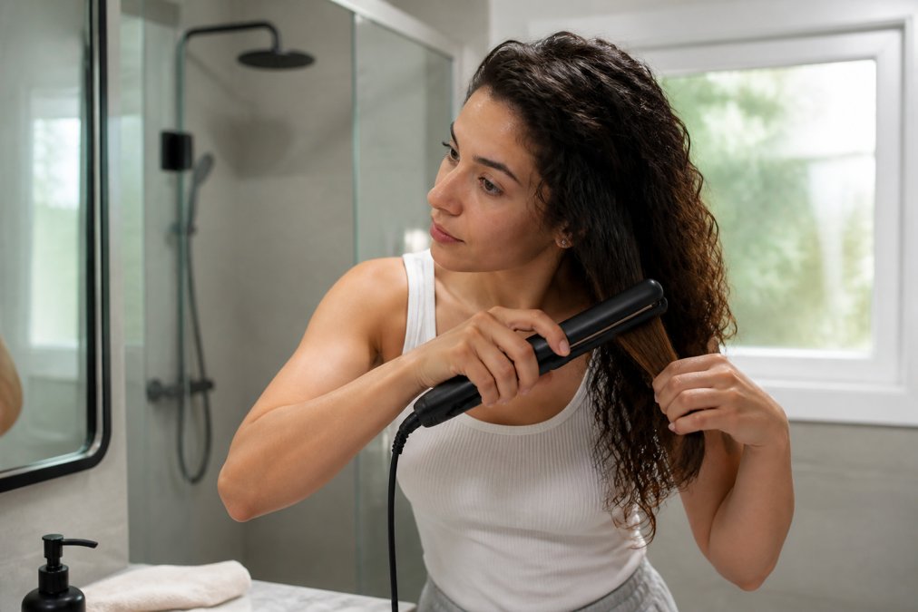 Woman with thick, curly hair using a portable 2-in-1 straightener and curler combo on damp hair, demonstrating proper plate positioning and straightening technique with natural lighting in a modern bathroom