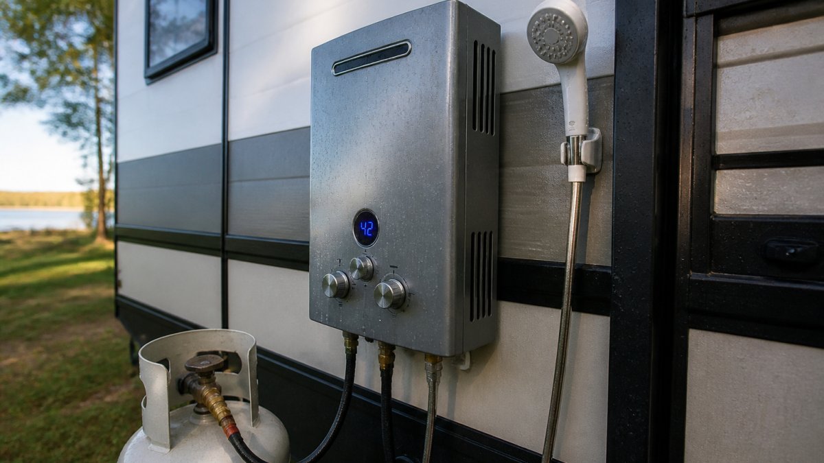 Portable gas water heater mounted on caravan exterior with LED temperature display visible, shower head attachment, and LPG bottle connection in daylight, showing typical camping setup