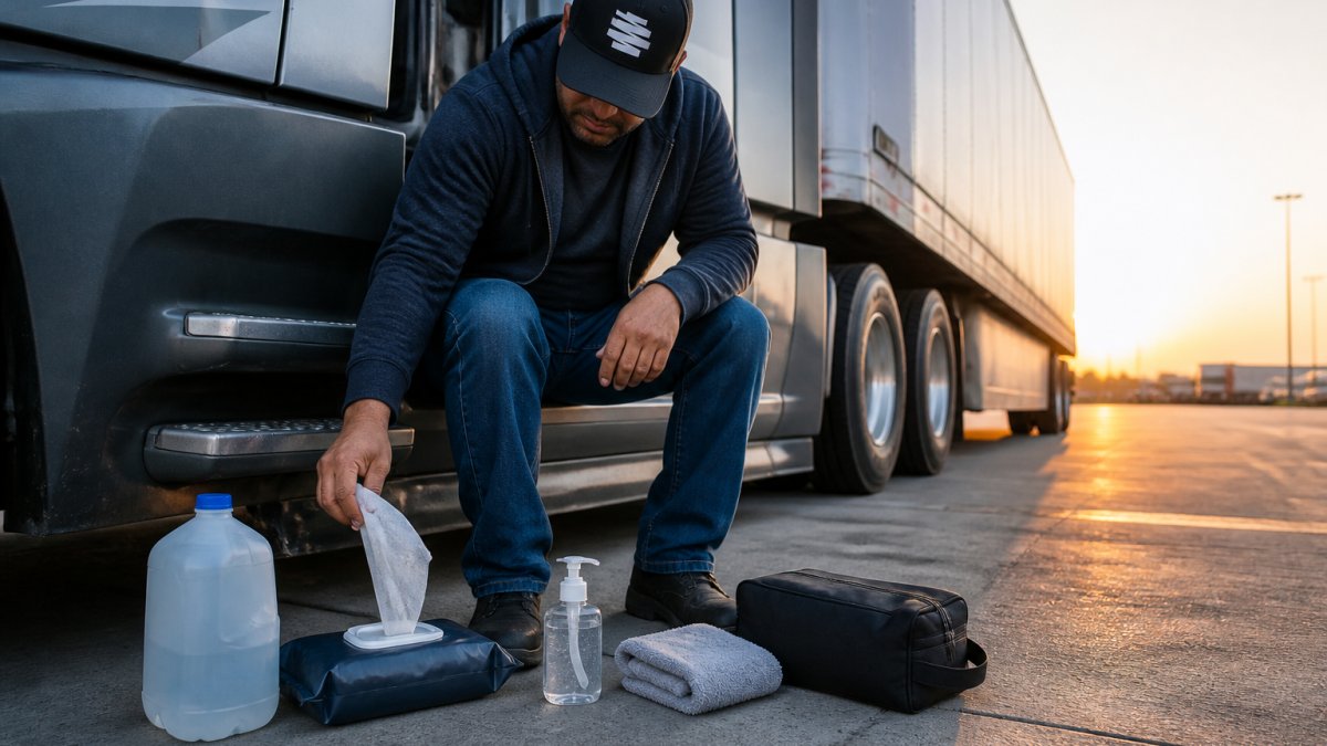A truck driver sitting on the steps of his cab at a rest stop at dawn, laying out hygiene supplies on the pavement: a water jug, body wipes, hand sanitizer, a small towel, and a dopp kit. ### Core Items for Every Cab - Body wipes sized for an [adult body
