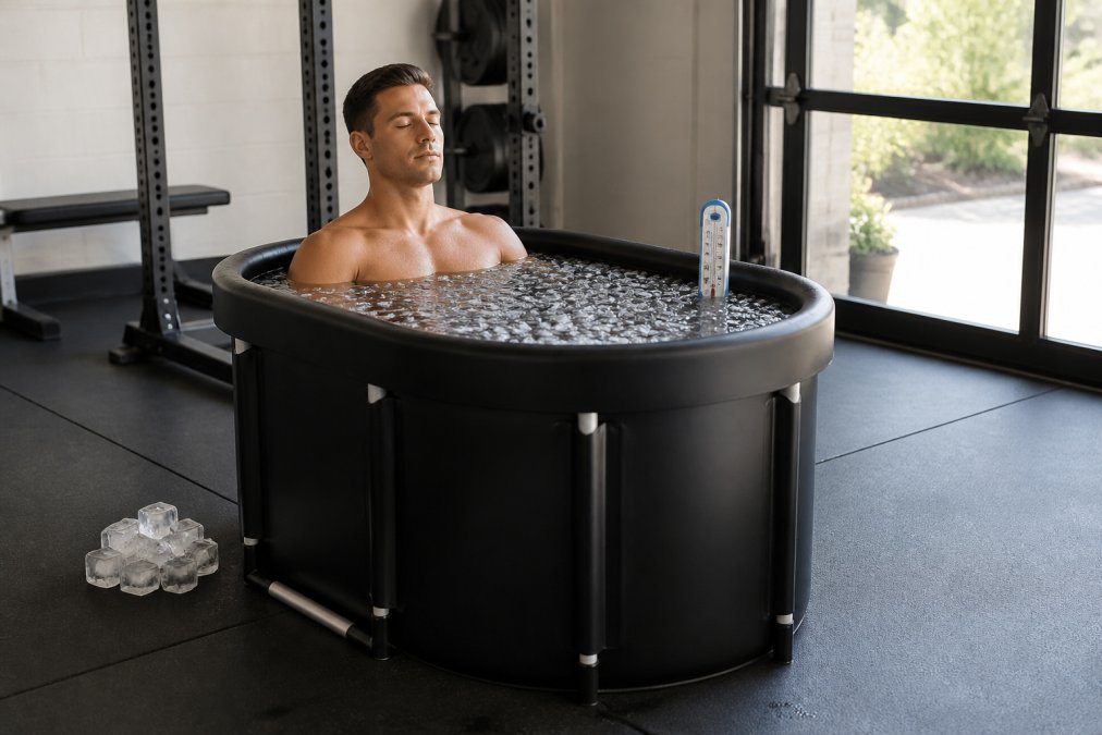 Athlete sitting in portable ice bath tub with visible thermometer reading, demonstrating proper immersion posture with water level at chest depth in home gym setting with natural light