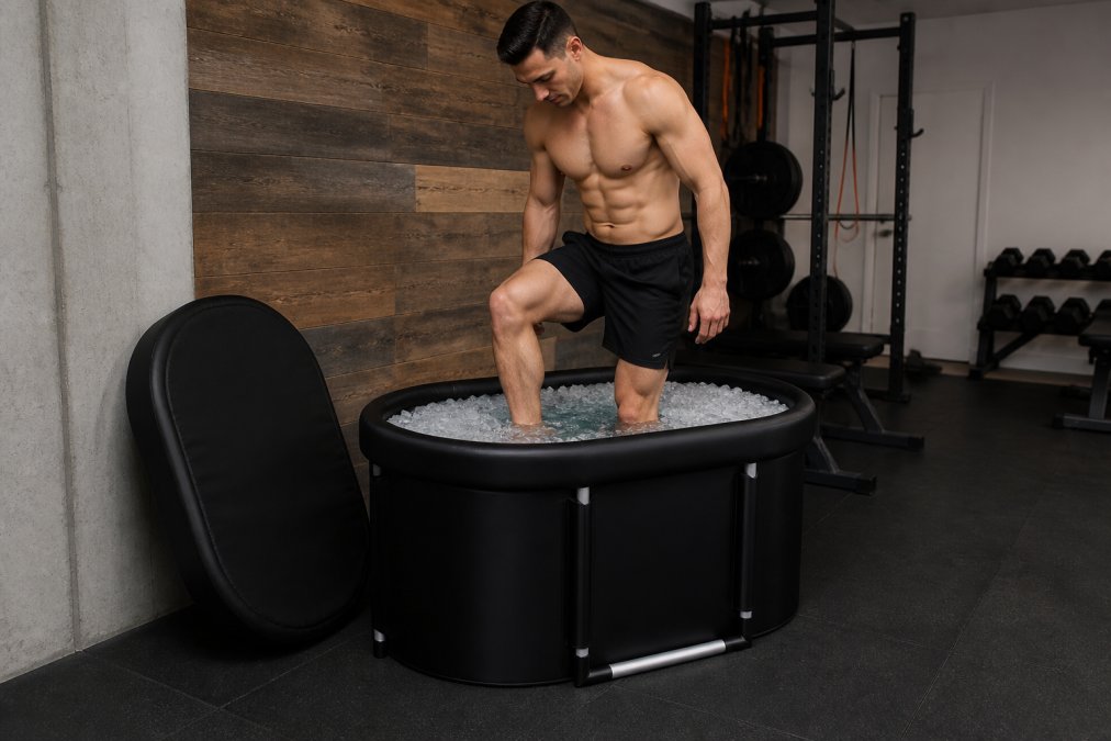 Athlete stepping into portable ice bath tub in home gym space with thermal lid placed nearby on floor, showing inflatable design and water level