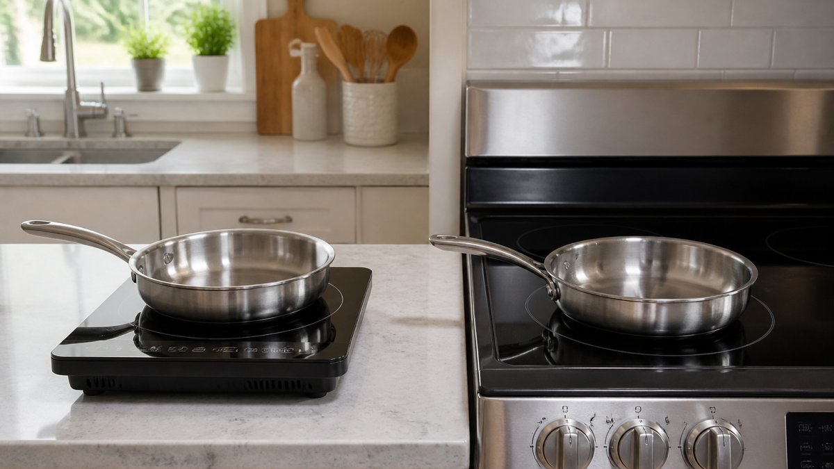 A home cook placing a stainless steel pan on a portable induction cooktop on a kitchen countertop next to a traditional electric range