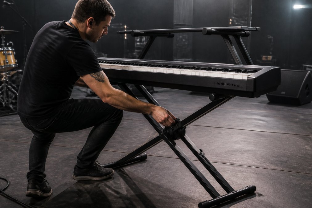 Musician setting up a heavy-duty Z-style frame among portable keyboard stands on a stage.