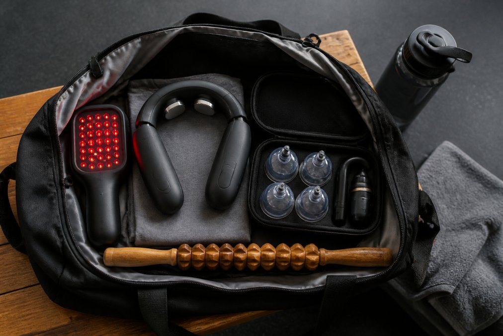 A flat lay photo of a gym bag open on a wooden bench showing a red light therapy device, a cordless neck massager, a cupping set with smart cups, and a wooden massage stick arranged neatly with a water bottle