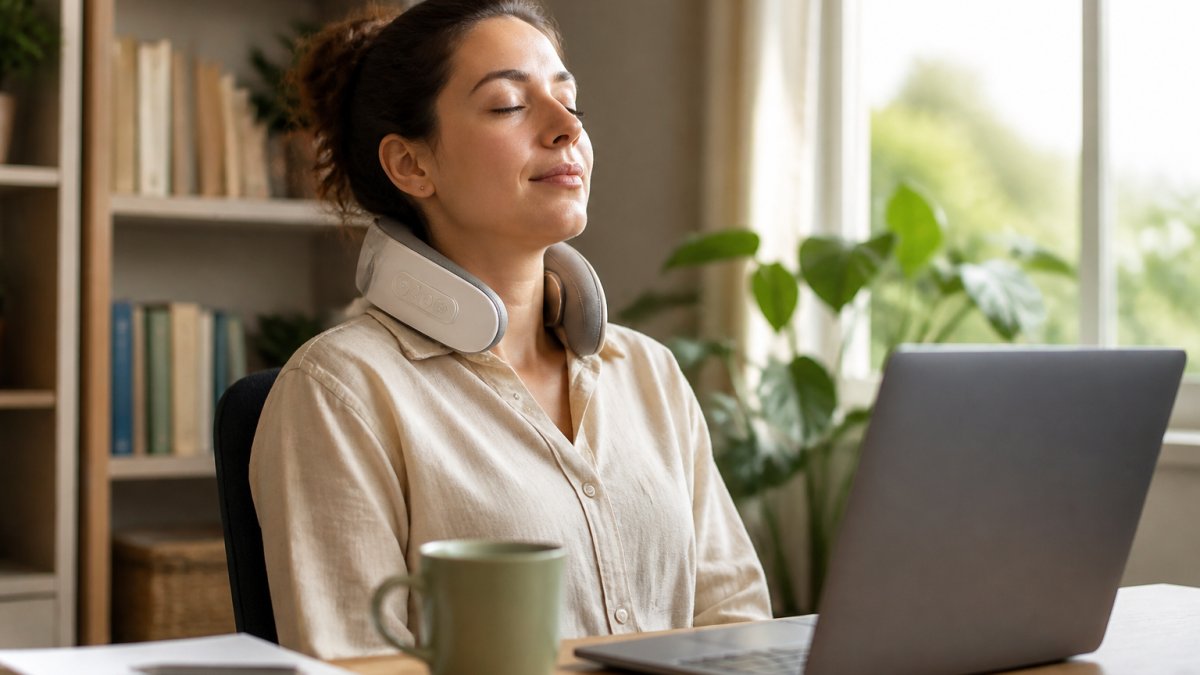 A person sitting at a home desk with a cordless neck massager resting around their neck, eyes closed in relief, laptop and coffee mug nearby, soft afternoon window light