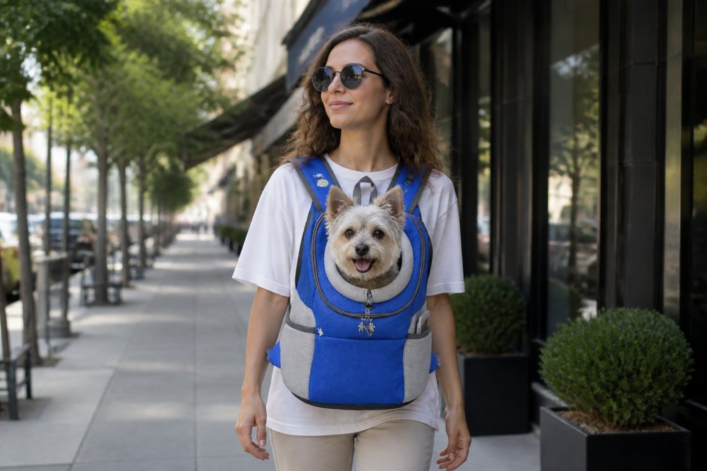 A person walking on a sunny urban sidewalk wearing a front-facing dog carrier backpack, a small dog with ears perked up visible through large breathable mesh windows, both looking relaxed and comfortable