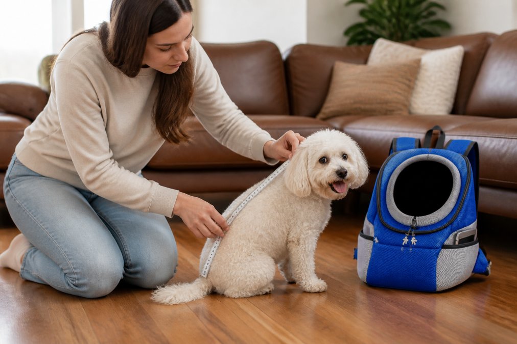 A pet owner kneeling beside a small dog on a hardwood floor, gently measuring the dog's back length with a soft tape measure while the dog sits calmly in warm indoor lighting