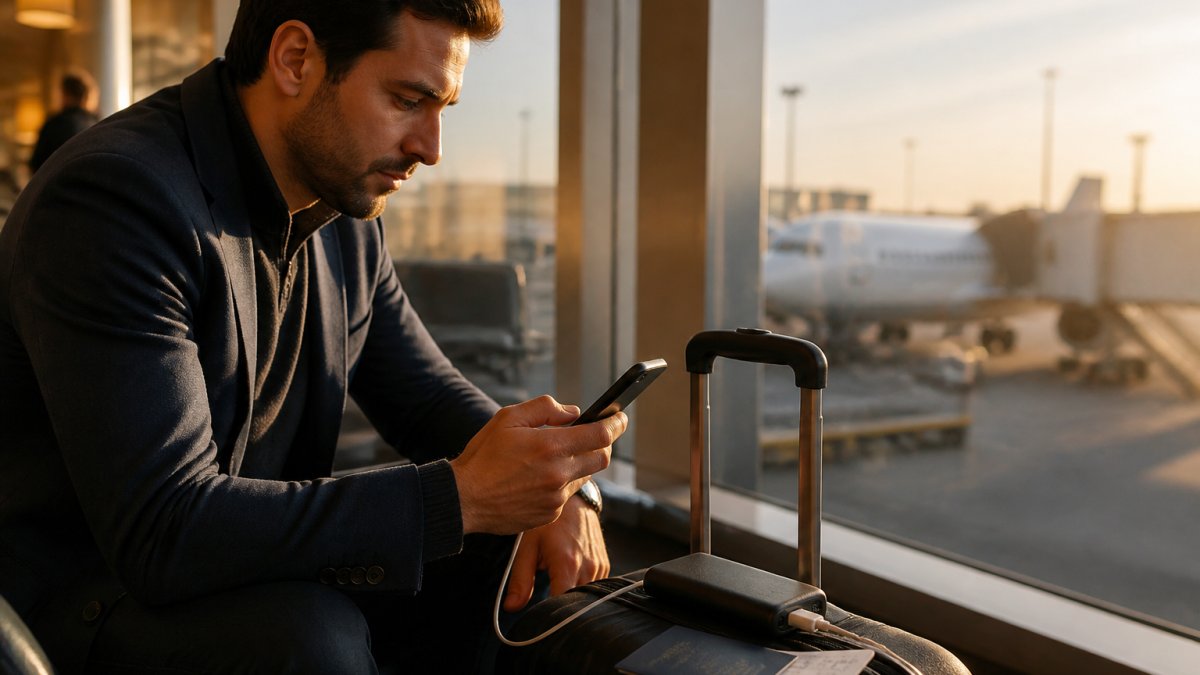 A traveler at an airport gate charging a smartphone from a compact power bank resting on a carry-on bag, boarding pass and passport beside it, warm terminal lighting