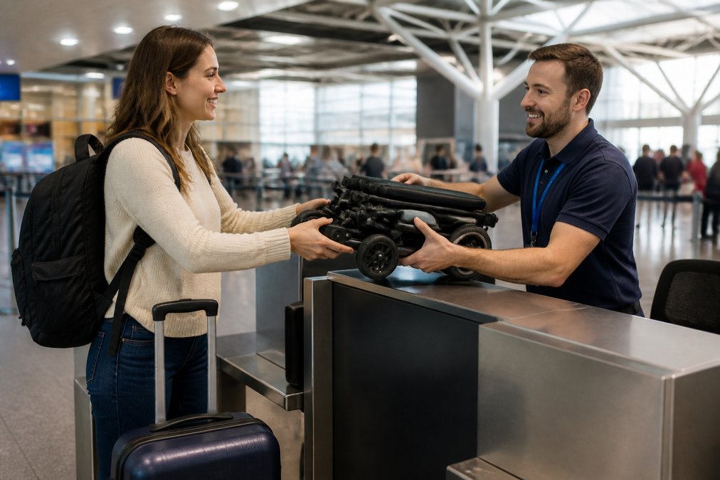 Traveler handing a folded lightweight powerchair to airport staff at a check-in desk for a flight.