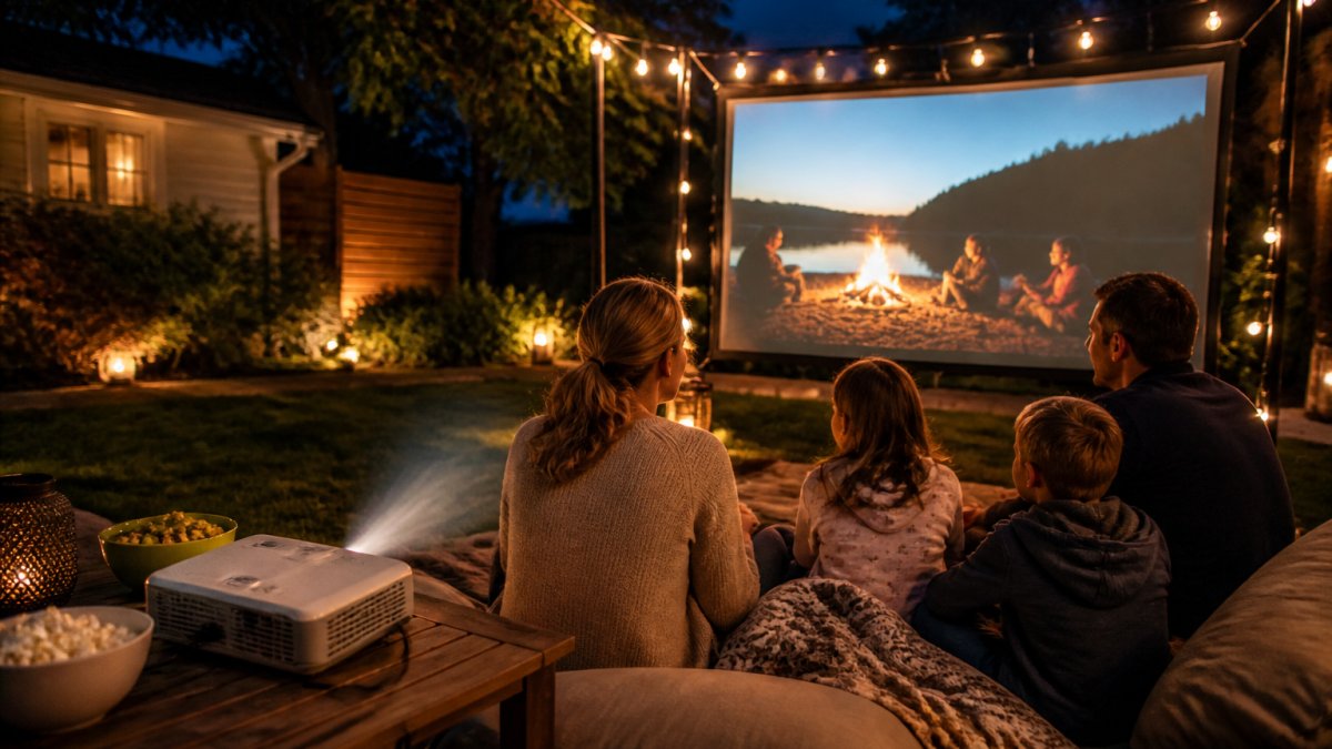 Infographic illustrating the setup process for an outdoor movie night using a portable projector and screen