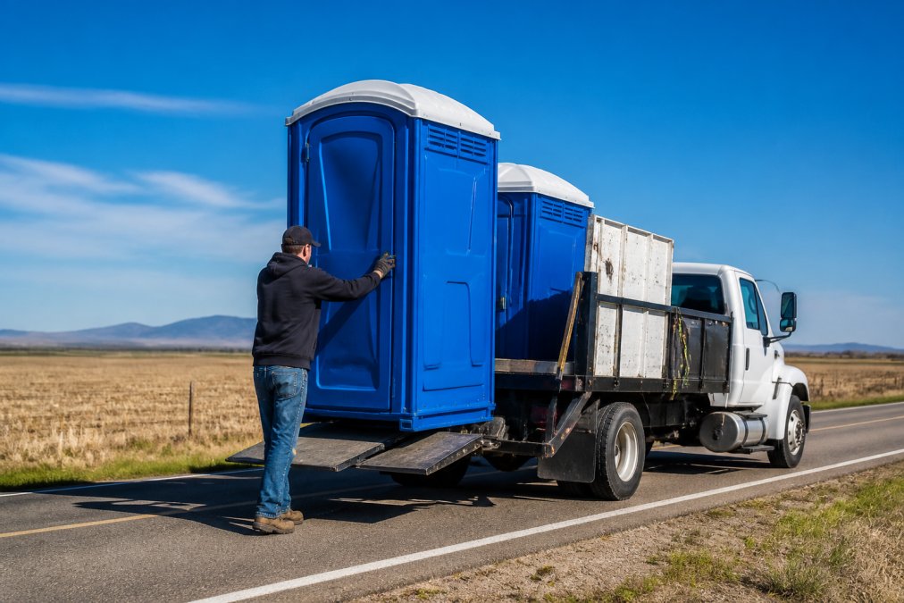 A clean, well-maintained blue portable restroom unit being unloaded from a white service truck on a rural Utah road, with open farmland and a bright blue sky in the background