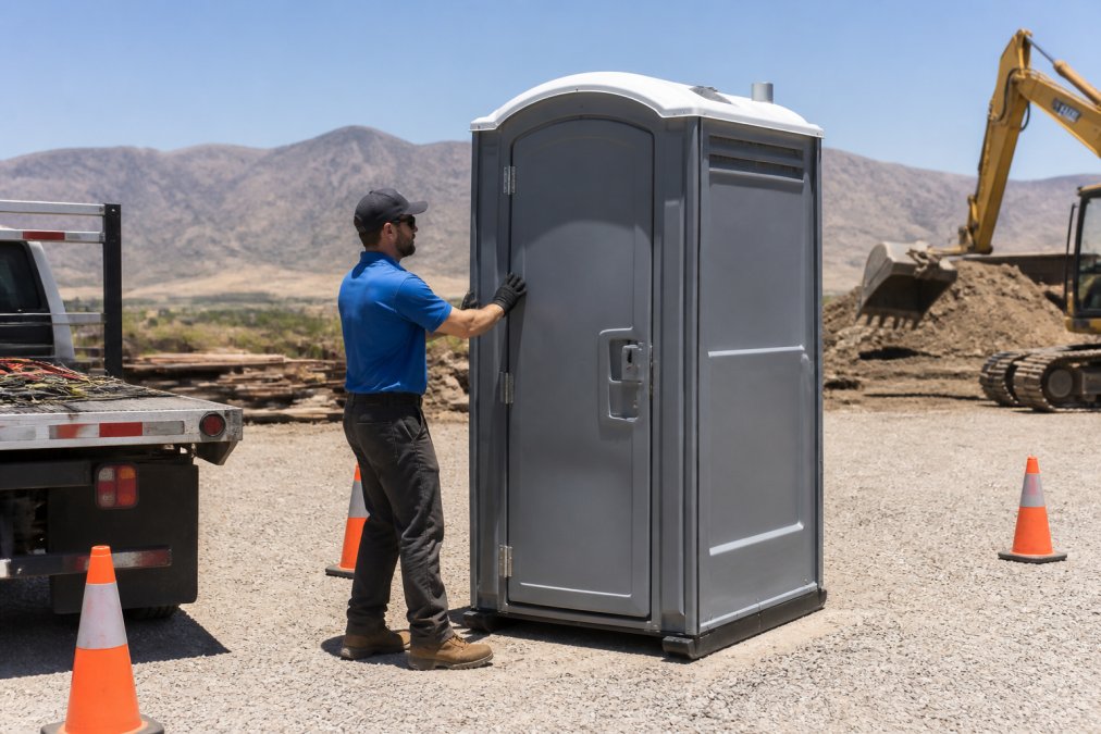 A uniformed sanitation service technician in a blue shirt positioning a portable restroom unit on a flat gravel surface at a construction site, with orange safety cones placed nearby and construction equipment visible in the background