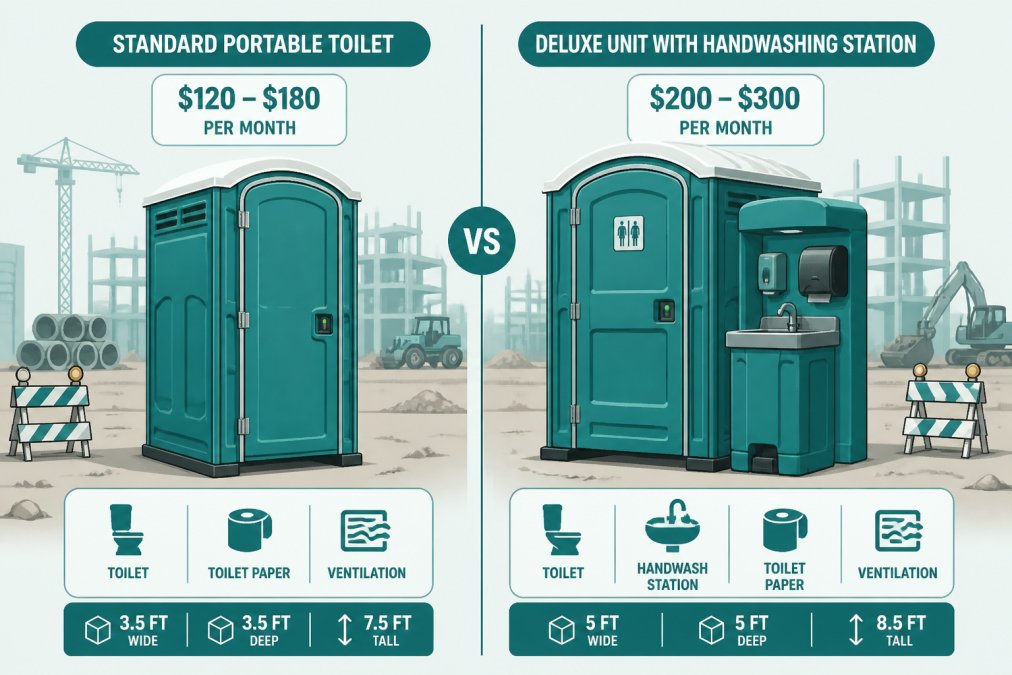 Side-by-side view of a standard portable toilet and a deluxe unit with handwashing station positioned on a construction site, showing the visible differences in size, design features, and equipment