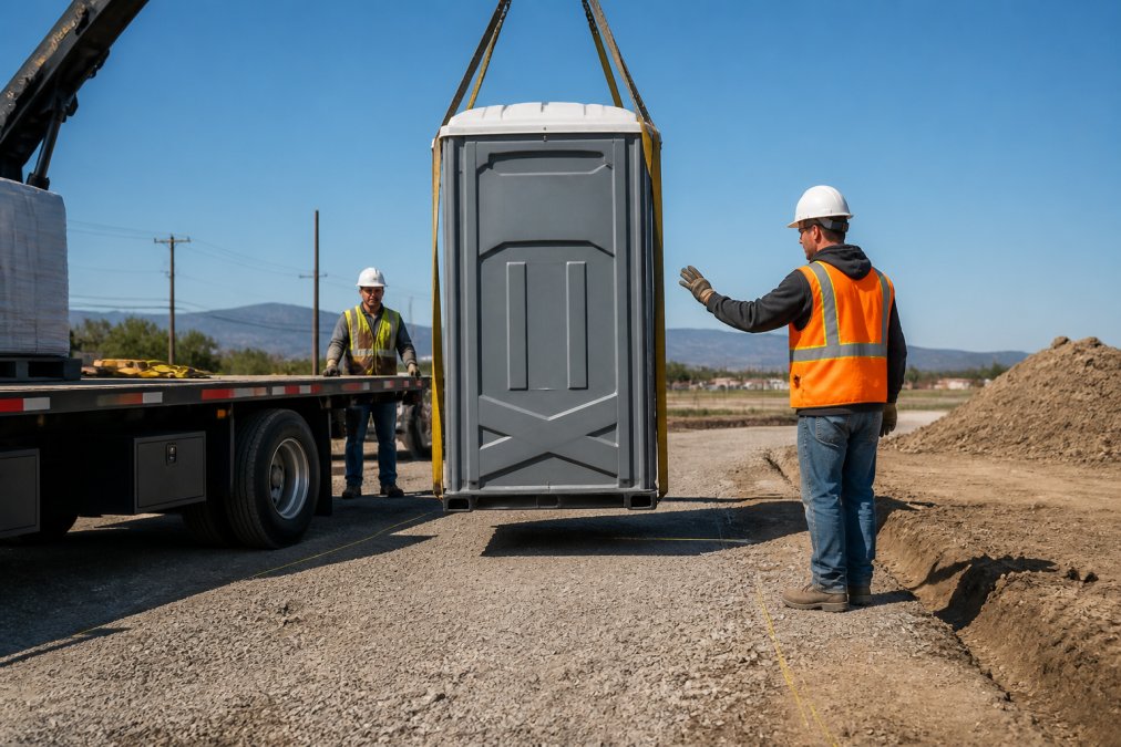 A delivery truck carefully positioning a portable restroom unit on a construction site with workers directing placement, showing site accessibility, ground preparation, and proper spacing