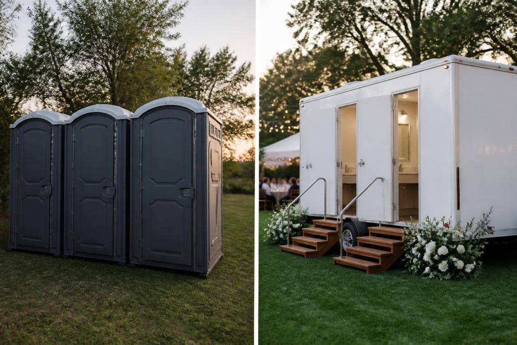 A clean, white luxury restroom trailer with wood-paneled steps and chrome fixtures parked on a manicured lawn at an outdoor wedding venue, surrounded by string lights and floral arrangements in soft evening light
