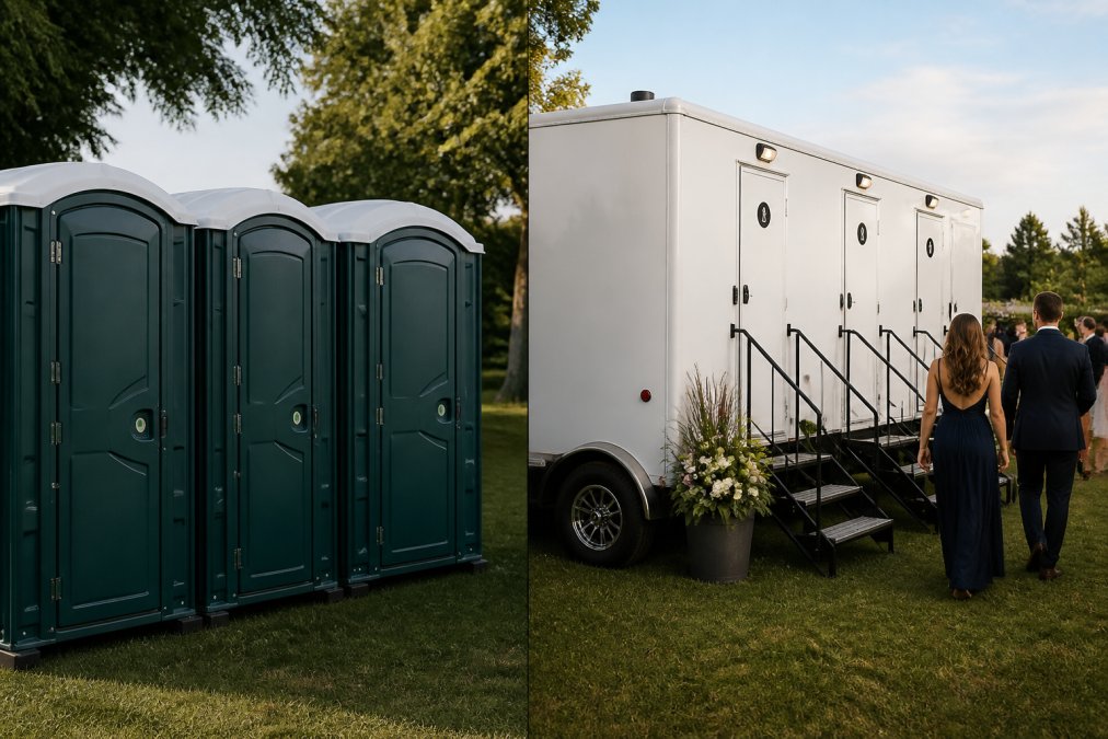Luxury portable restroom rental trailer parked at an outdoor wedding venue with guests walking nearby.