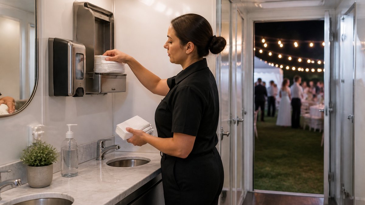A restroom attendant in a clean uniform restocking paper towels and checking hand sanitizer inside a well-lit portable restroom trailer at an outdoor wedding reception, string lights visible through the open door