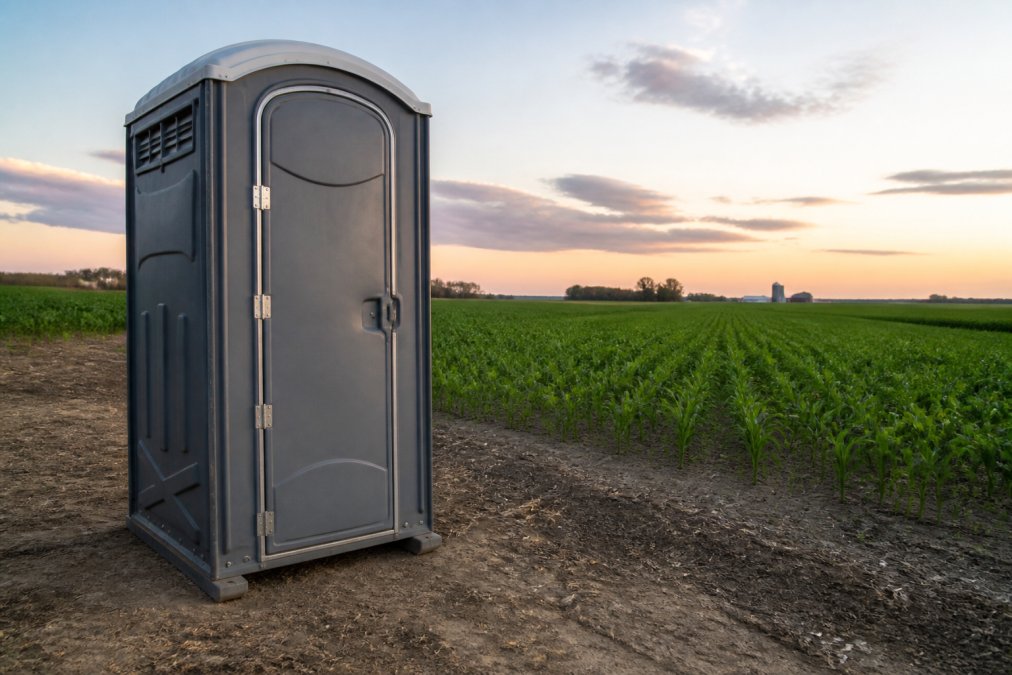 Modern portable toilet unit positioned in an open farm field with green crops visible in the background, showing weathered durability and outdoor site placement