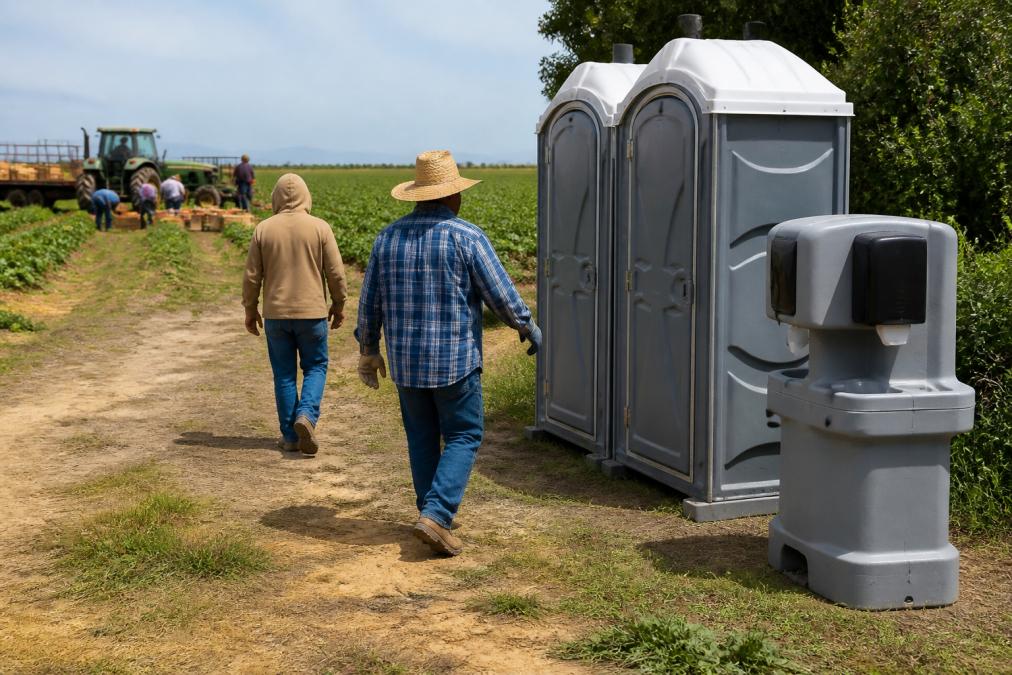 Farm workers in work clothes approaching a portable restroom station with visible handwashing facilities during a workday, demonstrating accessibility and crew usage in natural daylight