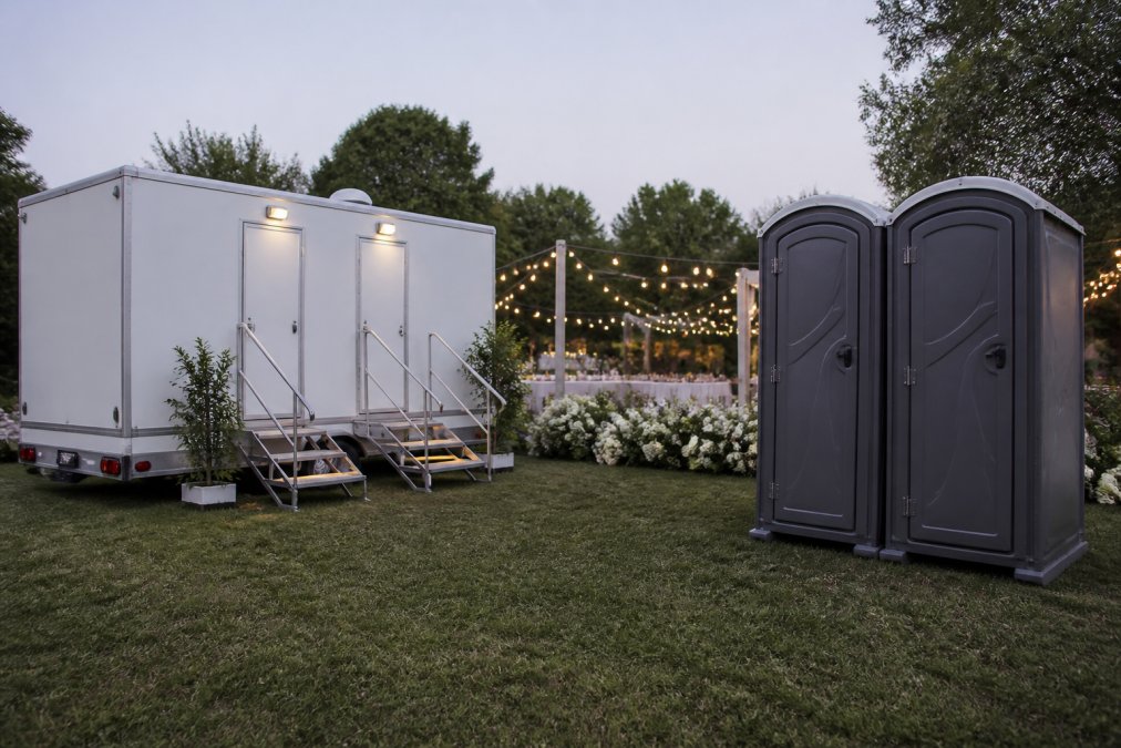 Luxury portable restrooms trailer at an outdoor wedding venue with floral decor and string lights in the background