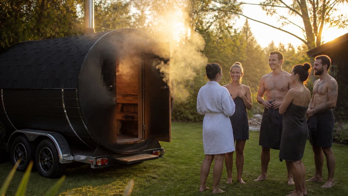 A wood-fired sauna trailer parked on a backyard lawn at golden hour, with a small group of guests in towels and robes chatting nearby and steam rising from the open door