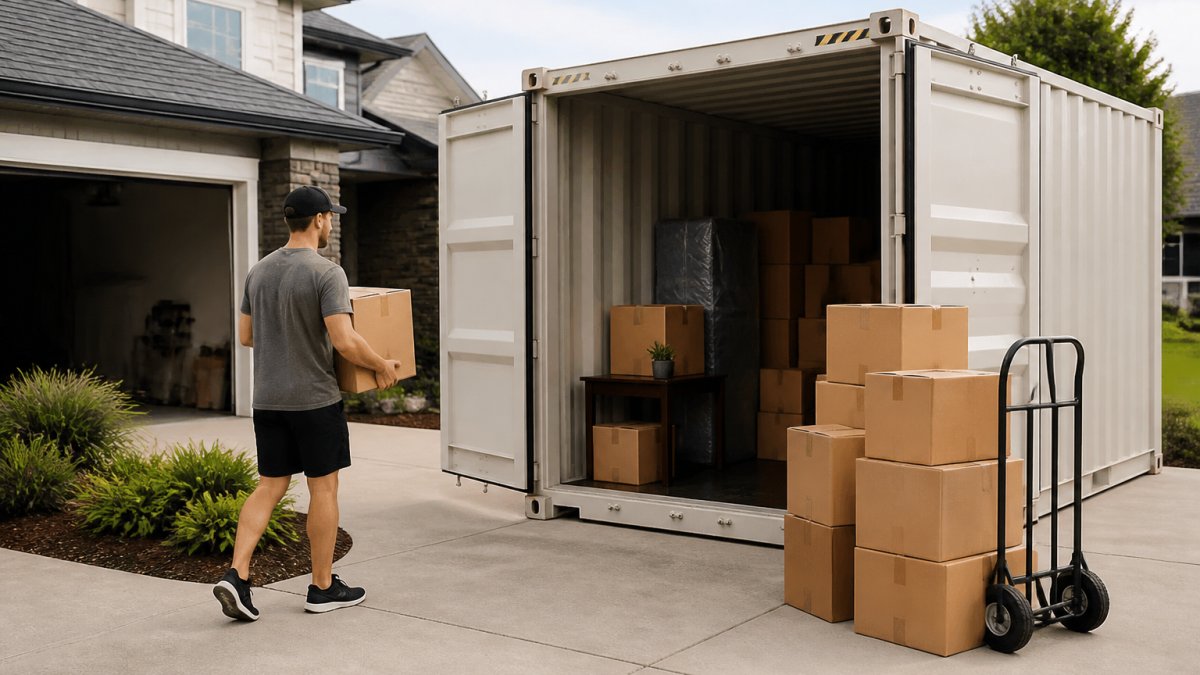 Person carrying a box toward an open portable storage container on a suburban driveway with moving supplies