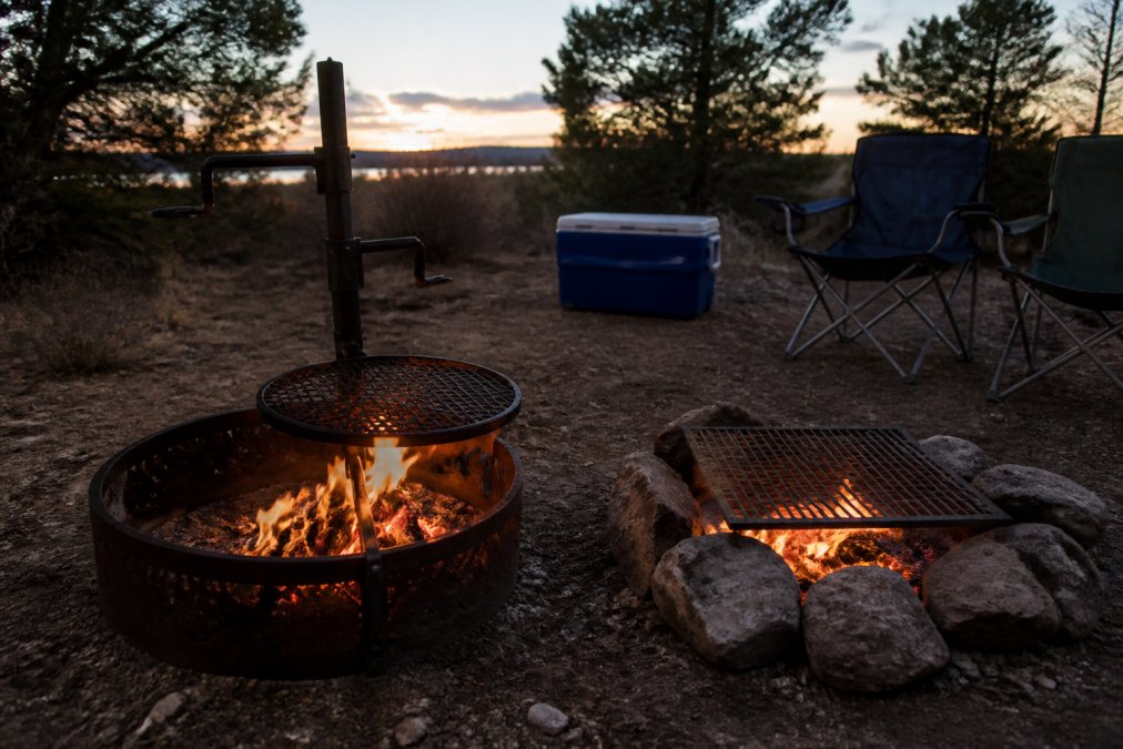 Carbon steel swivel grill over a campfire next to a stationary grate at dusk