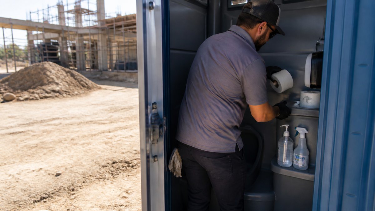 Service crew restocking toilet paper and sanitizer to follow a portable toilet maintenance schedule on site.
